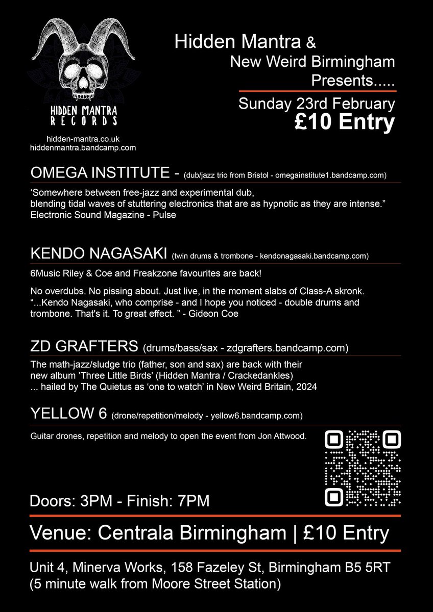 Midlands friends, Omega Institute are playing on this great bill at Centrala, Birmingham with Kendo Nagasaki, ZD Grafters and Yellow 6 on Sun 23/2/25, 3-7pm - see ya there centrala-space.org.uk/events/hidden-…