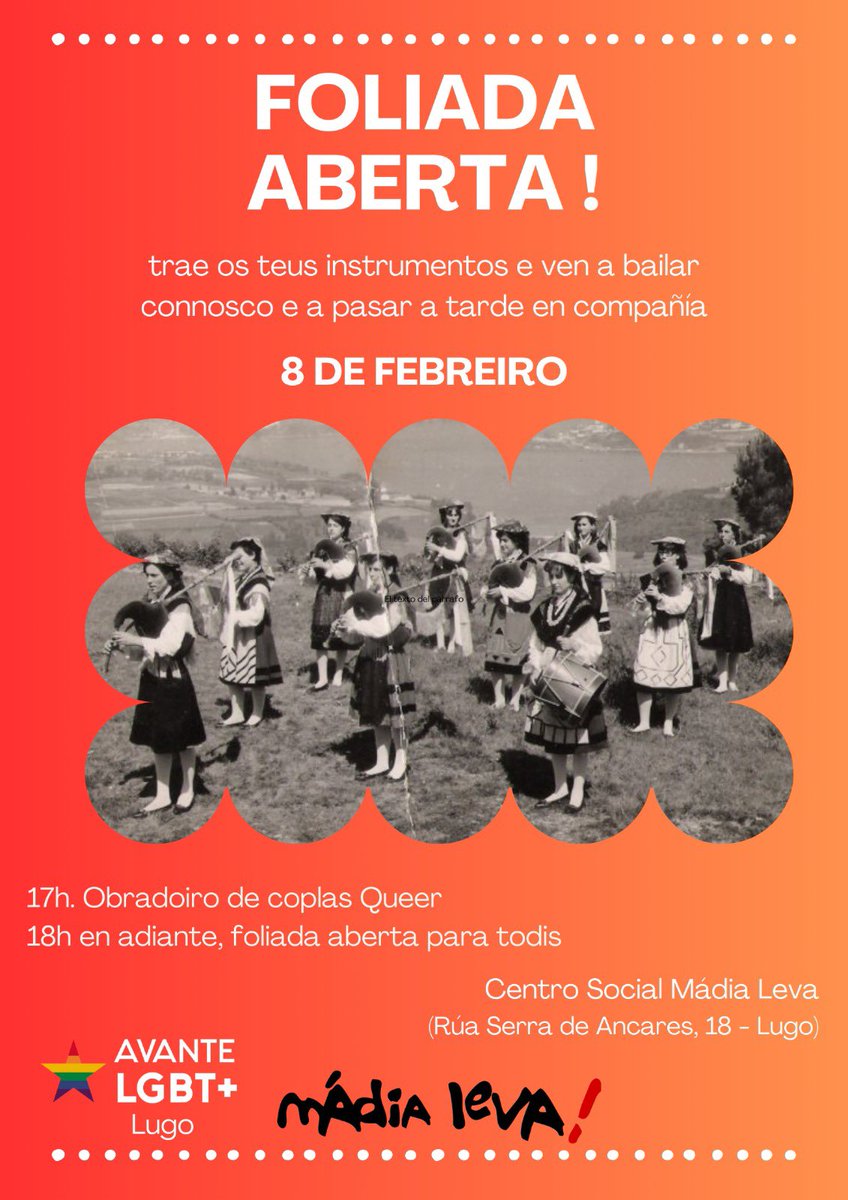 🔊🔊🔊O próximo sábado 8 de febreiro a partires das 17h00 tedes unha cita coa nosa primeira foliada aberta no Mádia Leva (Rúa Serra dos Ancares 18). Nela incluirase un obradoiro para pensar entre todis coplas queerfriendly e renovar a tradición.
Esperámosvos! 🎶✨