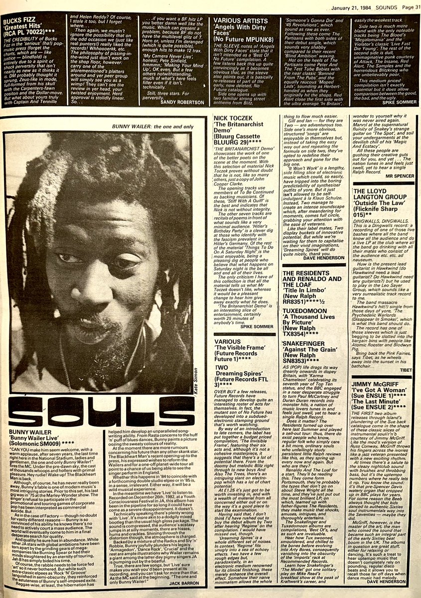 ZoundsAbound's tweet photo. Lots of good new LP reviews this week, for the likes of #BandApart #VDO #NickToczek @bobmarley #BunnyWailer #Two #TheResidents & #RenaldoAndTheLoaf #Tuxedomoon #Snakefinger #JimmyMcGriff & #JamesBrown
Sounds Jan 21st 1984 https://t.co/5g9tkodvPP