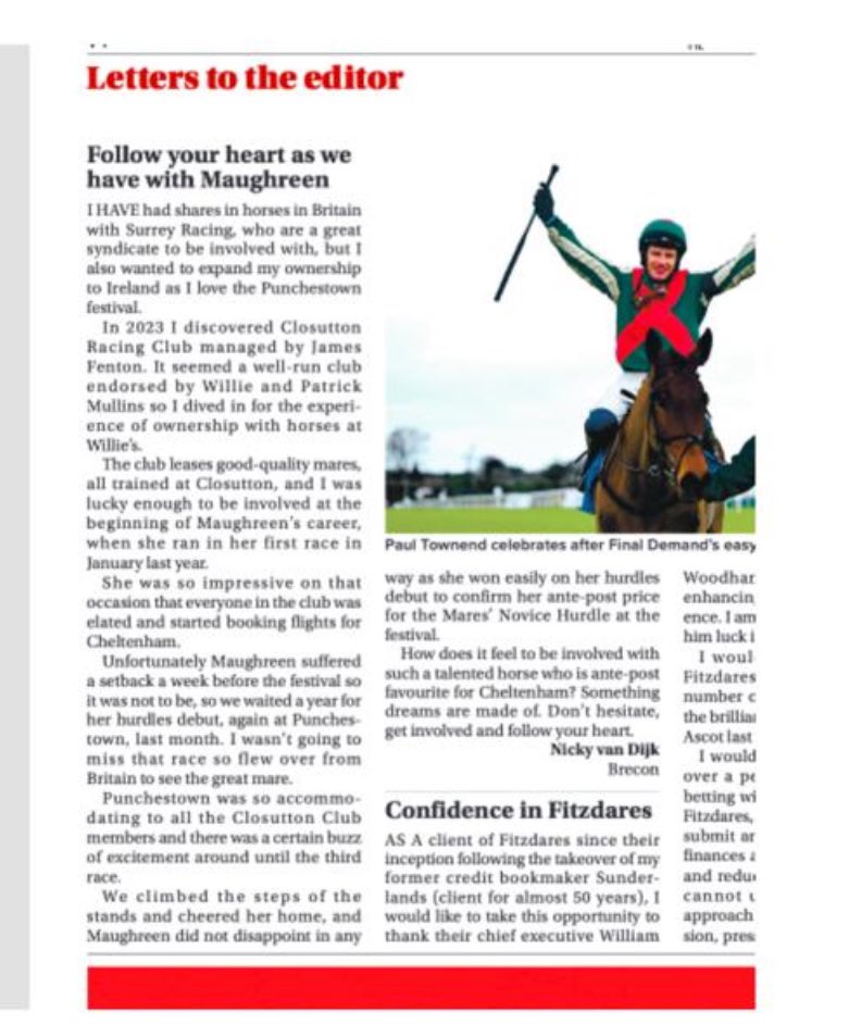 ClosuttonRacing's tweet photo. Some very kind words in the @RacingPost from one of our UK members, Nicky, who travelled over to see #Maughreen @punchestownrace last Monday.
Lovely to see how positive her Closutton Racing Club experience has been.
“Don’t hesitate to get involved, follow your heart” ☺️
🩶🤍🧡