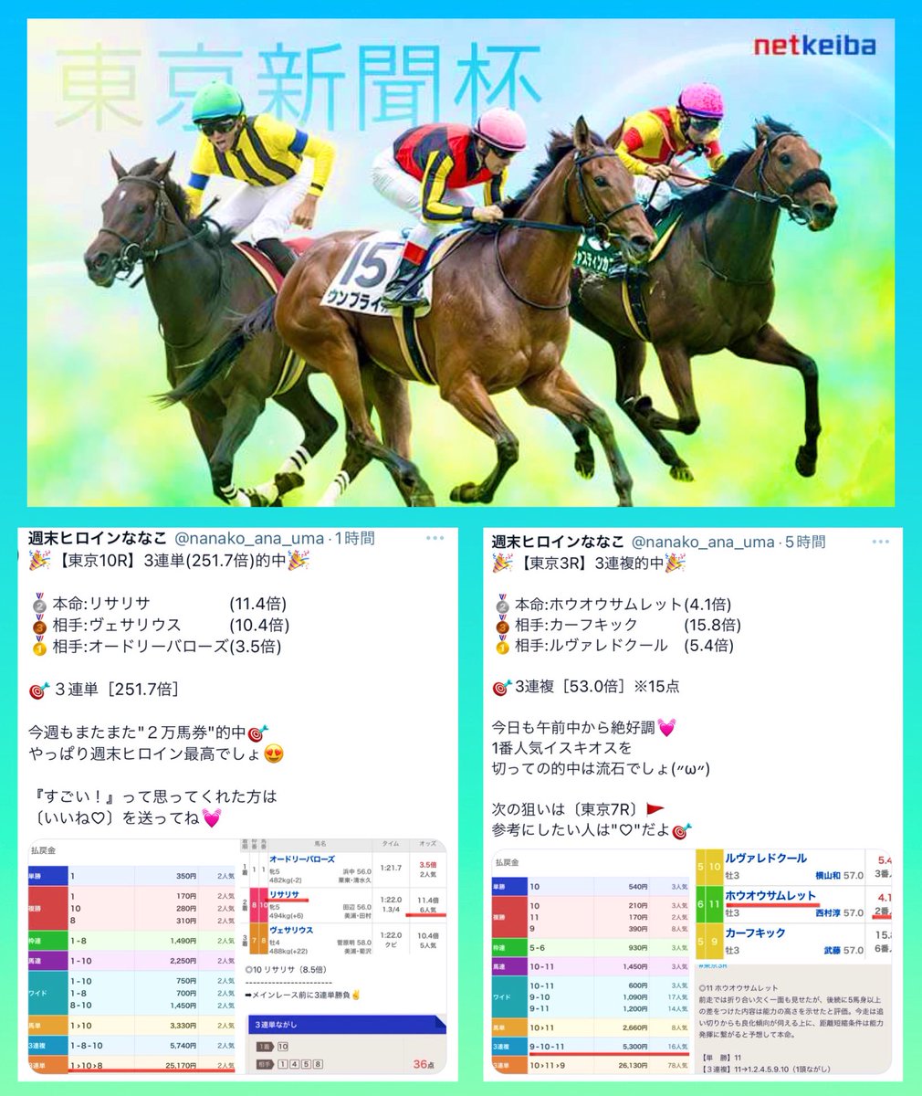 nanako_ana_uma's tweet photo. *\\\🌟フォロワーさん全員へ🌟///*

 >>【東京新聞杯】"全頭診断"をお届け❤︎

絶好調の東京で開催される東京新聞杯で
完全勝利🏅するための＂全頭診断＂を

【フォロー/リポスト/いいね♡】
をしてくれた全員にお届けします(*≧∀≦*)

東京新聞杯も週末ヒロインにお任せ💓 https://t.co/ztqk8L113F