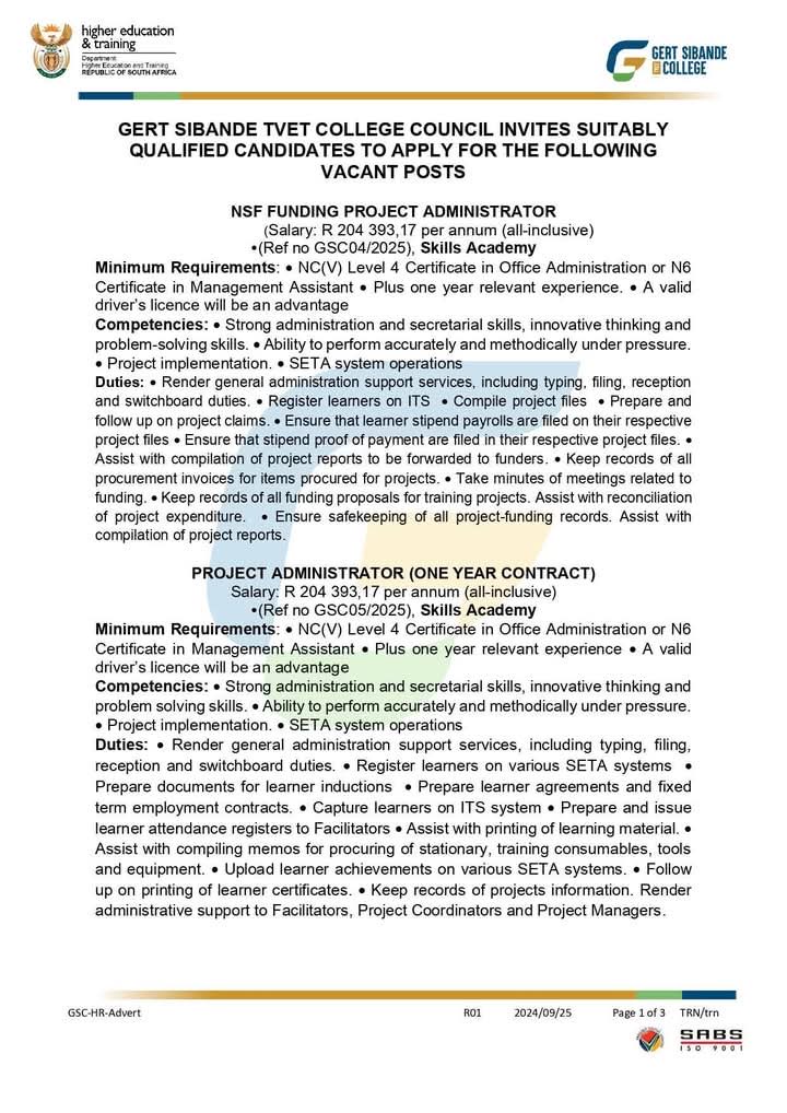 InfoHubMzansi's tweet photo. πGert Sibande TVET College is hiring!
πNSF Funding Project Administrator
πProject Administrator
πProcurement Clerk
πProject Manager
Closing date: 14 Feb 2025
Refer to pictures
#eskom #Loadsheding #BBMzansi #SowetoDerby #Pirates #chiefs #chiefsvspirates #OrlandoPirates https://t.co/ZWRLWK0GHc