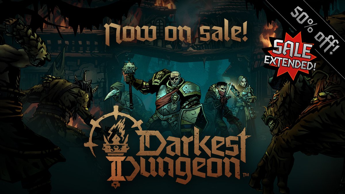 SALE EXTENDED!

Thanks to the overwhelming response to Kingdoms, we've extended our sale!

Get 50% off Darkest Dungeon II on Steam until February 10: store.steampowered.com/app/1940340/Da…

#darkestdungeon2