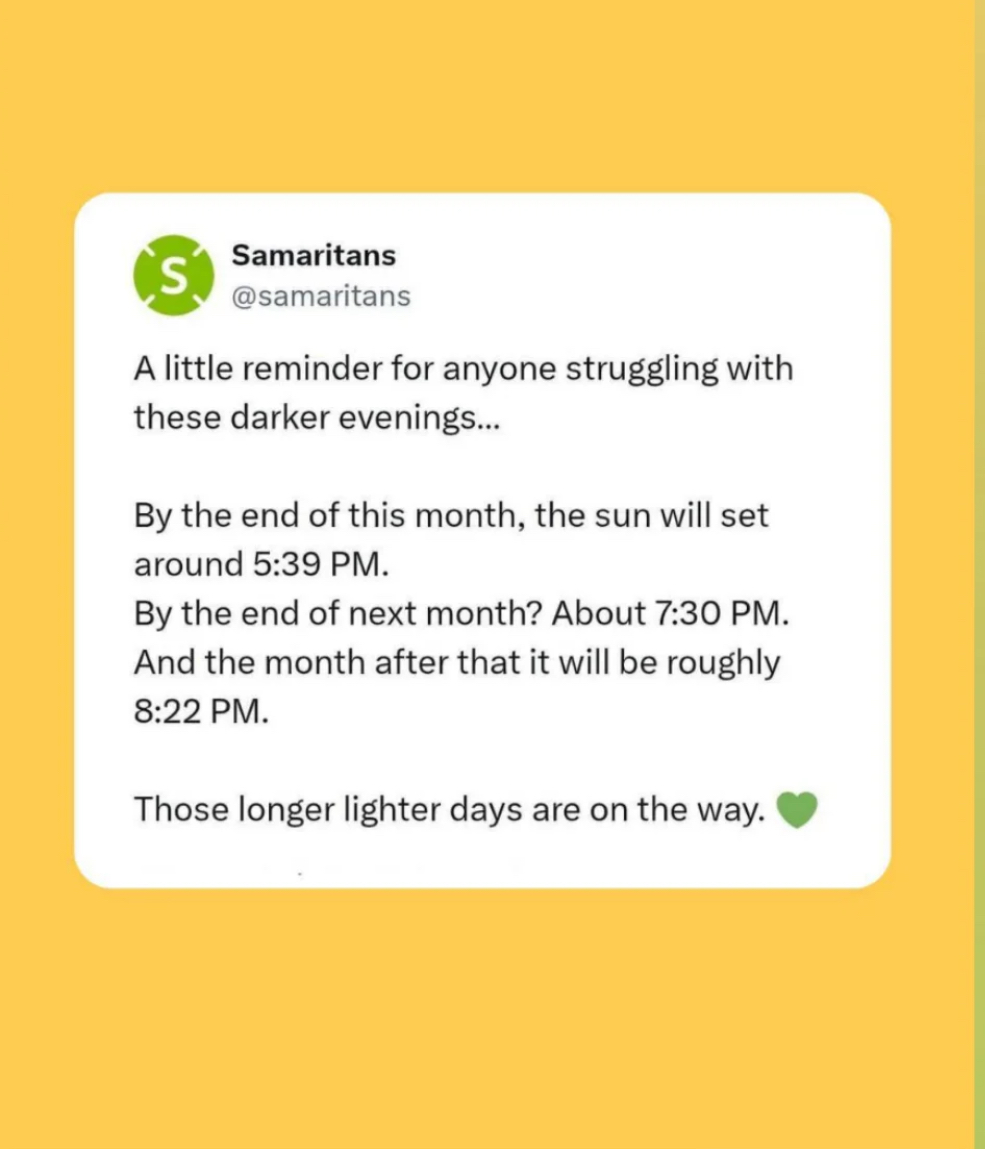 Birmingham Samaritans (@samaritansbham) on Twitter photo If things are feeling a little dark right now, remember—lighter days are ahead. Here's a reminder ⬇️⬇️💚
<a href="/Samaritans/">Samaritans</a> are here ☎️ Call 116 123 📧 Email jo@samaritans.org
#LighterDaysAhead #YouAreNotAlone 💚 If things are feeling a little dark right now, remember—lighter days are ahead. Here's a reminder ⬇️⬇️💚
<a href="/Samaritans/">Samaritans</a> are here ☎️ Call 116 123 📧 Email jo@samaritans.org
#LighterDaysAhead #YouAreNotAlone 💚