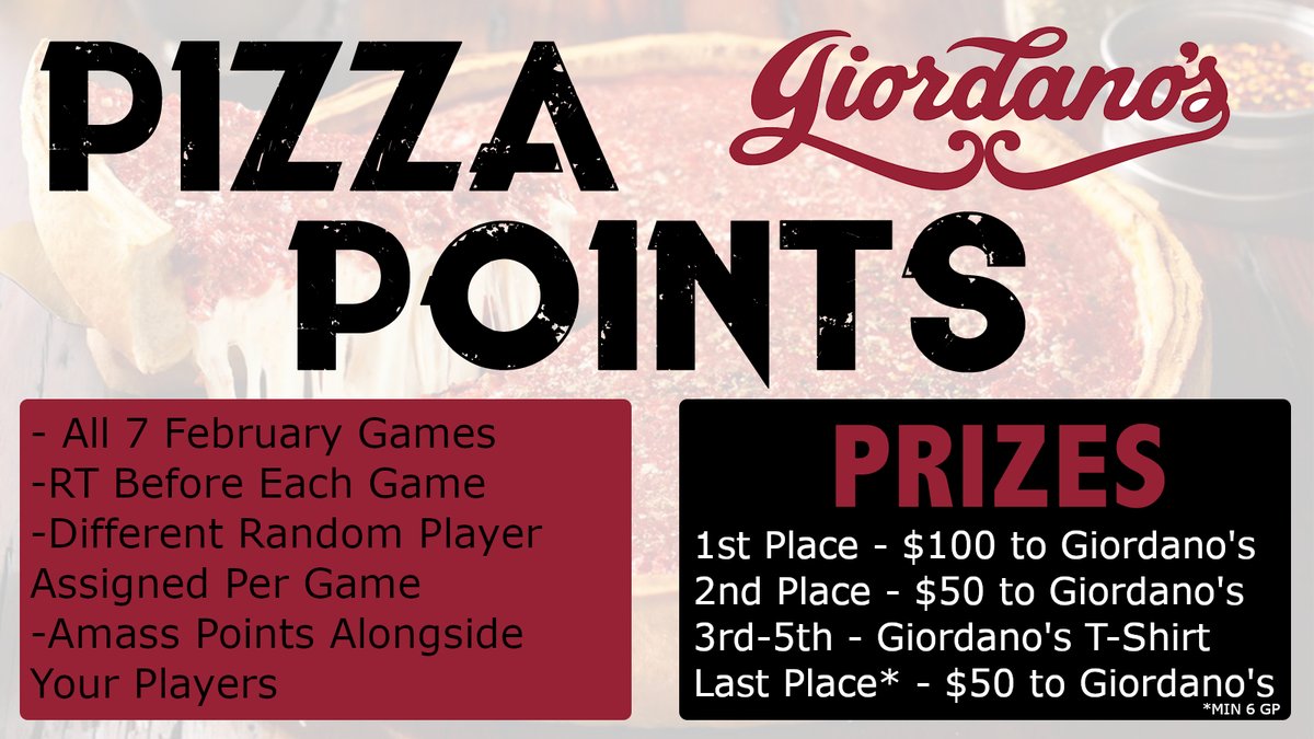 #PizzaPoints is back!!

RT this tweet and you'll be assigned a player in tonight's game. If that player gets points, you get points. Each game this month you'll have a chance to play and those with the most (and least) points win prizes from <a href="/GiordanosPizza/">Giordano's Pizza</a>.

So, RT this now!