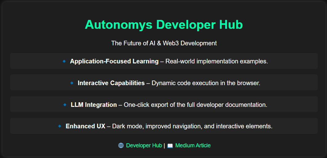 Aduragbemi_24's tweet image. 🚀 Exciting news for developers!

We just launched our brand new Developer Hub packed with amazing features to supercharge your projects.

📌 [Developer Hub URL]

#Autonomys #AI3 #DeveloperHub #Web3AI