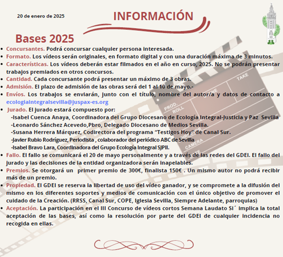 El grupo de ecología integral convoca un concurso de cortos con motivo de la Semana Laudato Si' <a href="/Archisevilla1/">Archidiócesis de Sevilla</a> <a href="/SarusSevilla/">SARUS Sevilla</a> <a href="/SAdelanteAS/">Archisevilla Siempre Adelante</a> <a href="/isabelcuenca_/">Isabel Cuenca</a>