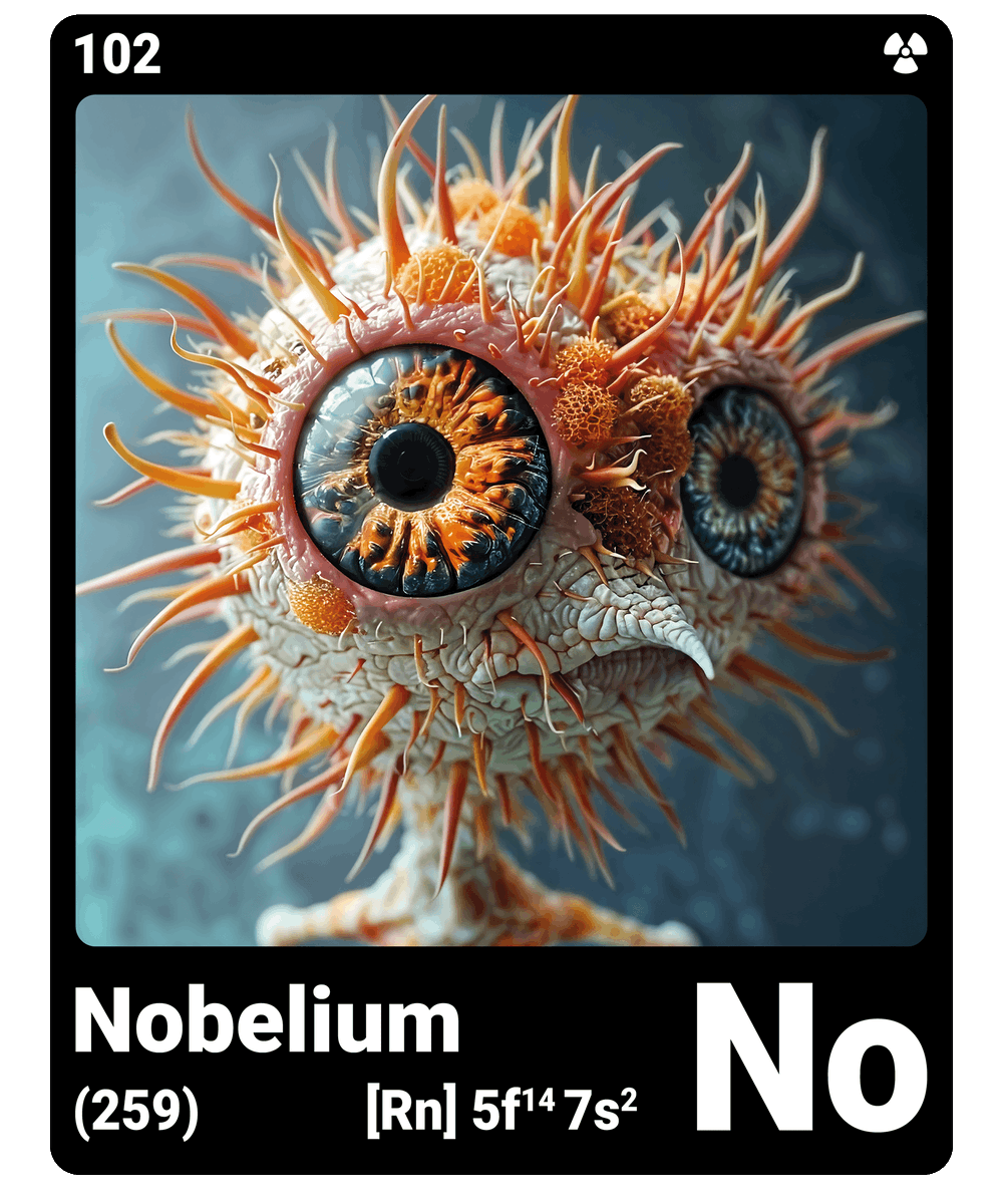 br_AI_king's tweet photo. brAIking This is what it looks like when AI gives the chemical element nobelium a face - find all ChemicalElements in the bio ScienceArt https://t.co/yhe8d4NaFG