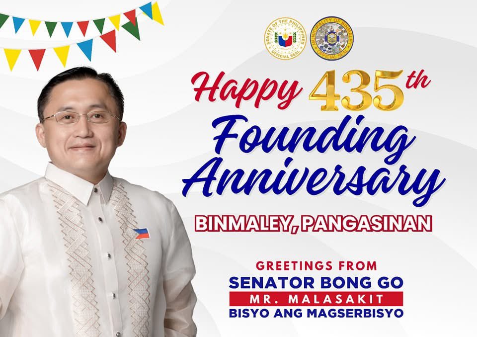 SenatorBongGo's tweet photo. Happy 435th Founding Anniversary and Town Fiesta, Binmaley, Pangasinan!

Taos-puso kong binabati ang mga taga-Binmaley, Pangasinan sa pagdiriwang ng kanilang anibersaryo at kapistahan! 

#SenatorBongGo 
#MrMalasakit 
#BisyoAngMagSerbisyo
#GoBongGO🇵🇭👊🏼 https://t.co/CJjIFYKNo3