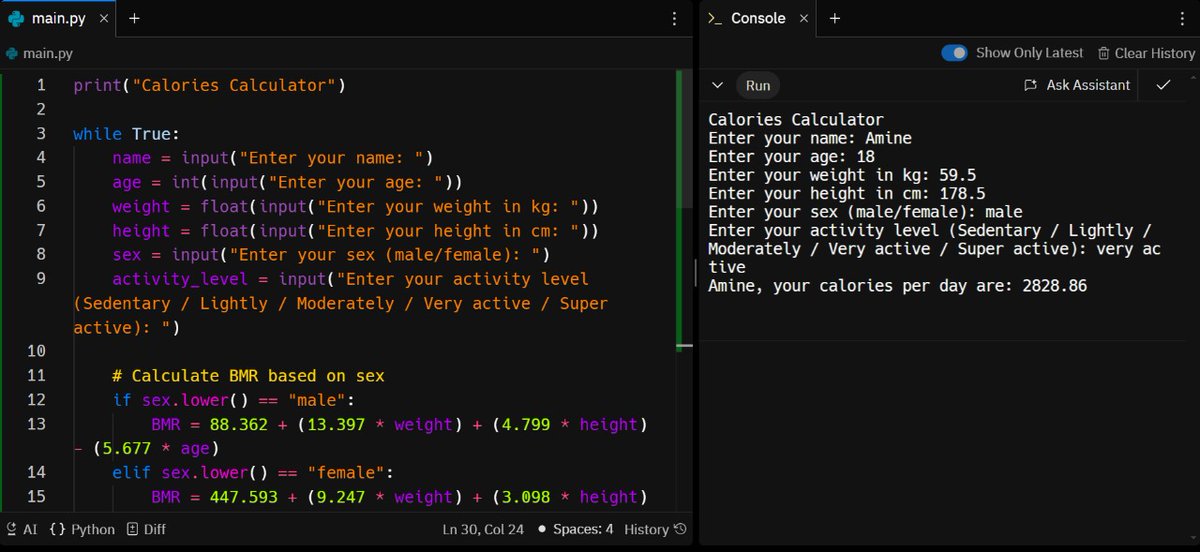 simple projet (calculating how much calories you need in a day)