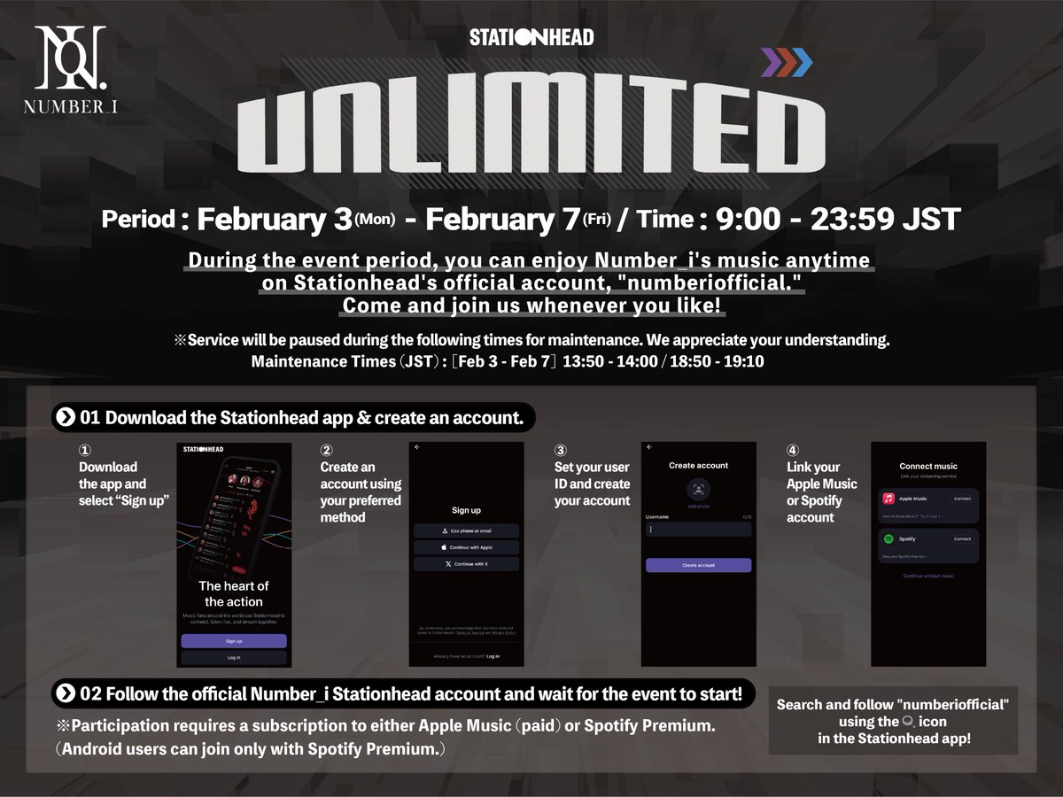 Stationhead Special Event "UNLIMITED" Extended! 

<Schedule>
Period: Feb 3 (Mon) - Feb 7 (Fri)
Time: 9:00 - 23:59 JST
*We have maintenance time

Please join us! 

How to participate:
🎧tobe-official.jp/artists/number…

#Number_i_UNLIMITED
#Number_i_LYs
#GOD_i