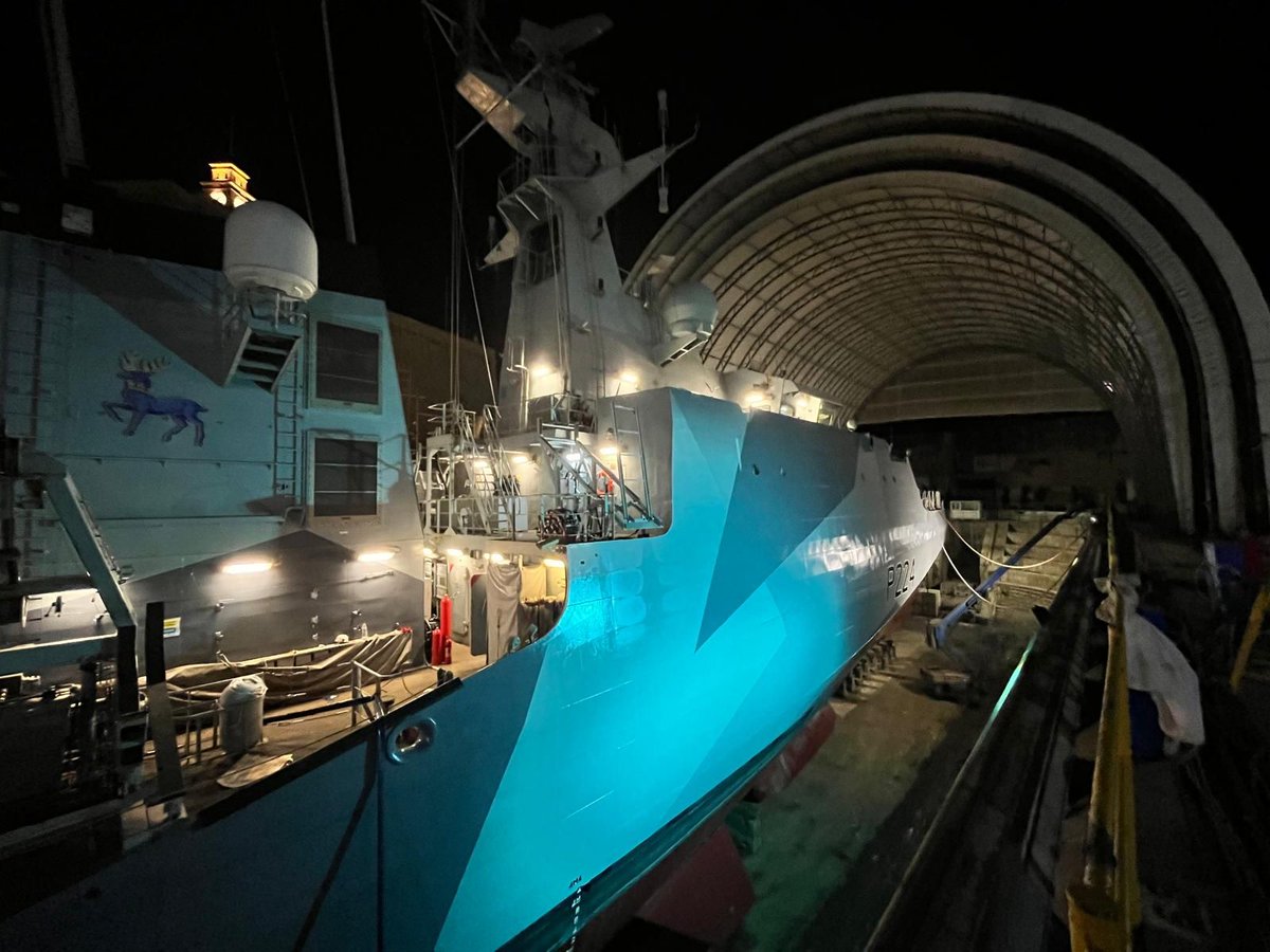 NavyLookout's tweet photo. .@HMSTrent is now out of dry dock having  completed her maintenance period in 🇲🇹Malta at Palumbo Shipyard. The last of the OPVs to receive the dazzle paint scheme. https://t.co/k23bzvulev