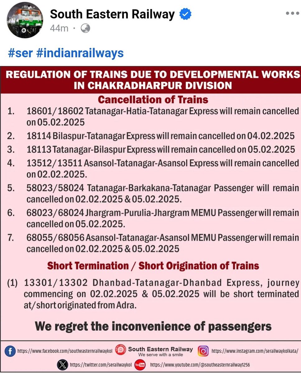humaraJharkhand's tweet photo. एक तरफ @serailwaykol @CkpDrm ने फेसबुक पर Tatanagar से adra तक ट्रेन रद्द करने की सूचना दी है दूसरी तरफ @IRCTCofficial @RailMinIndia लोगो की गाढ़ी कमाई लूटने के लिए अभी तक बुकिंग ली जा रही है, जनता का समय,पैसा,और यातायात की जरूरत की कोई कीमत है की नही ?
@PMOIndia https://t.co/wFmYWNj1q6
