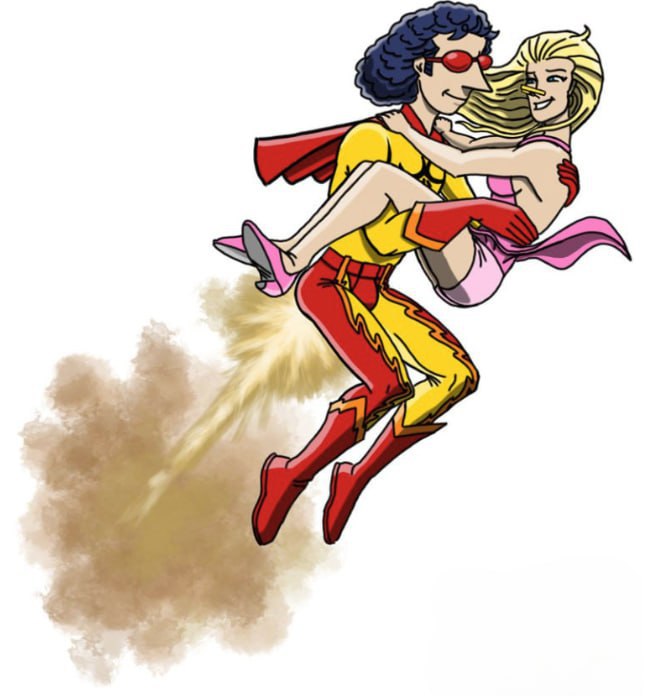 Fartman can carry a passenger though people have opted to remain inside a burning building to avoid the stench and humiliation of flying with him