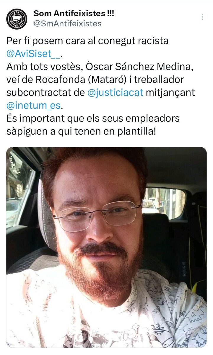 En Avi Siset àlies Oscar Sánchez Medina es un funcionari subcontratat per el departament de <a href="/justiciacat/">Justícia</a>, que difon Fake News i propaganda Neo Nazi per Twitter.

Realment Ramon Espadaler no fara res de res per acomiadar-lo.
<a href="/03690jul/">On the other side of the Berlin Wall</a>