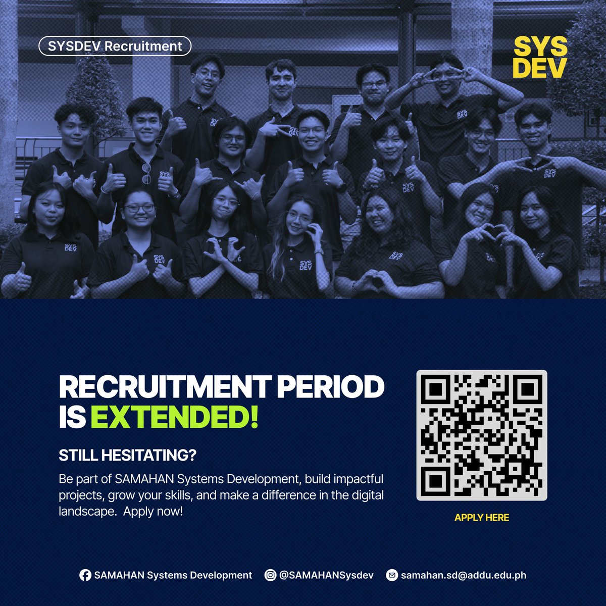 SAMAHANSysDev's tweet photo. ✨ Recruitment Extended! ✨

Missed the deadline? You still have time! 💡 Join SAMAHAN SysDev, code with purpose, and build impactful projects.

📆 Apply before Feb 7, 11:59 PM!
🔗 https://t.co/v9pmHfCIxI

🚀 Don’t miss out! #SAMAHANSysDev #SysDever https://t.co/qSALJRLHkE