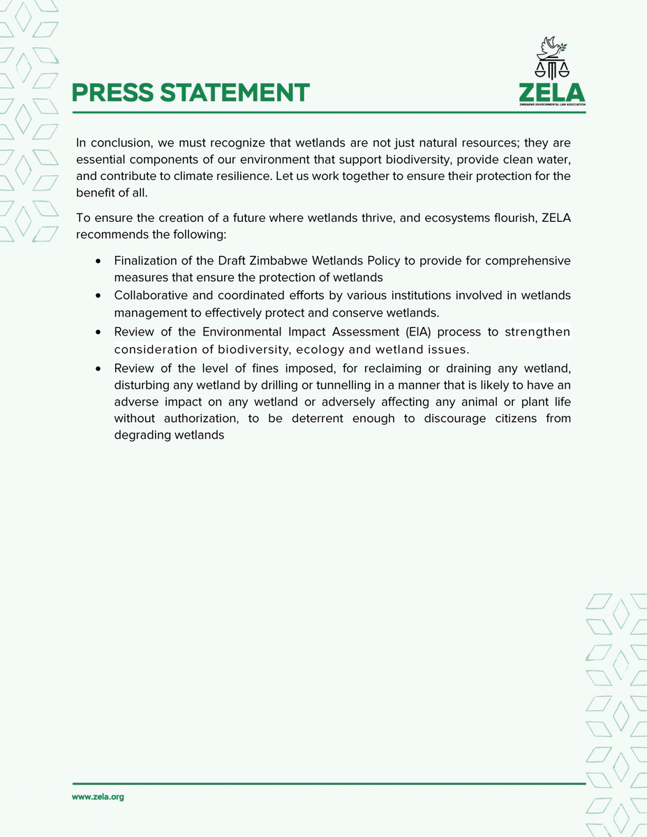 Zimbabwe Environmental Law Association (ZELA) (@zela_infor) on Twitter photo Happy World Wetlands Day 2025!
In our statement to commemorate this day, we urge all stakeholders involved in wetlands management to collaborate effectively, overcoming institutional challenges and conflicts that may hinder conservation efforts.
<a href="/ZELA_Infor/">Zimbabwe Environmental Law Organisation (ZELO)</a> calls for the Happy World Wetlands Day 2025!
In our statement to commemorate this day, we urge all stakeholders involved in wetlands management to collaborate effectively, overcoming institutional challenges and conflicts that may hinder conservation efforts.
<a href="/ZELA_Infor/">Zimbabwe Environmental Law Organisation (ZELO)</a> calls for the