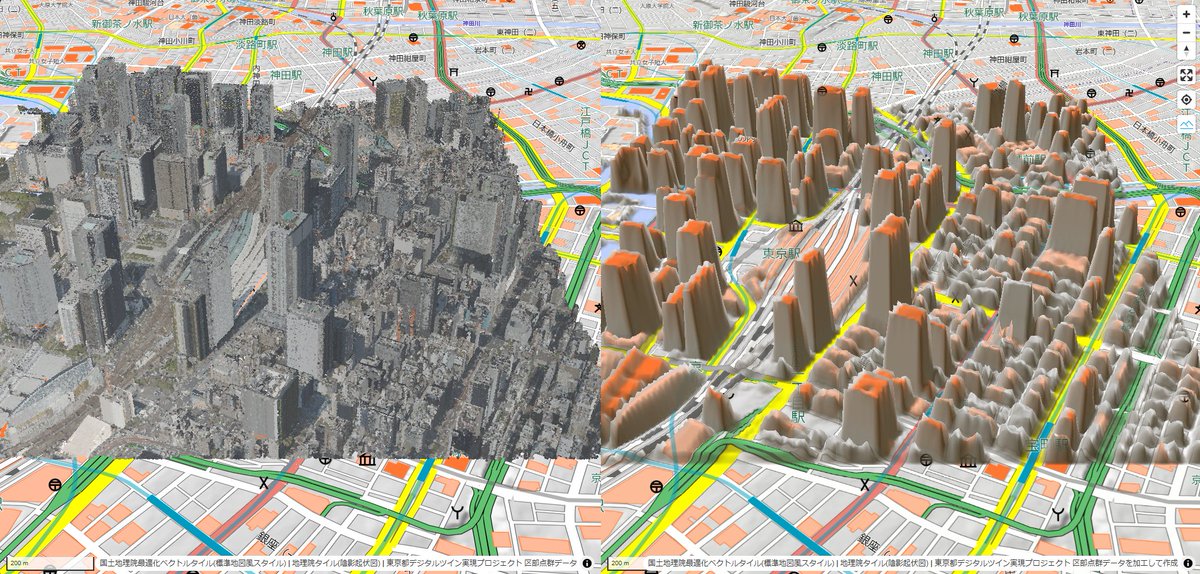shi__works's tweet photo. 東京都���部点群データから点群DSM(3D Tiles)と点群グリッドDSM(0.25m,最大値)を生成してMapLibreで並べて表示してみるなど...！？👀
ファイルサイズは以下のとおり。
点群DSM(3D Tiles) : 1.65GB
点群グリッドDSM : 15.3MB
#FOSS4G #PDAL #点群 #DSM #MapLibre https://t.co/XwW8IKxNgr