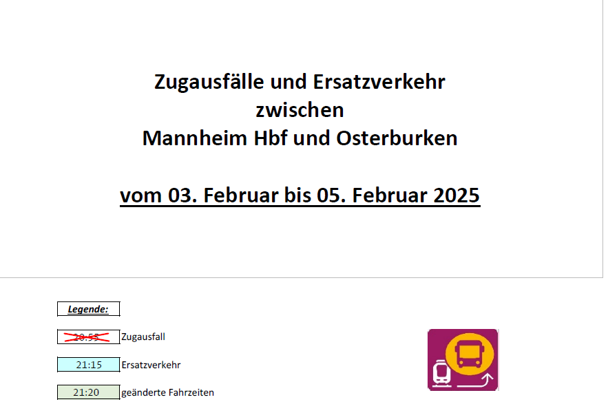 Regio_Mitte's tweet photo. #S1 #S2 #S4 #S5 #Vorankündigung! #Bauarbeiten zwischen #Mannheim <> #Osterburken vom03.02.25 bis zum 06.02.25. Es kommt zu geänderten #Fahrzeiten, #Teilausfällen, #Zugausfällen und #Ersatzverkehr. Bitte informieren Sie sich. https://t.co/ZslFxEXK57