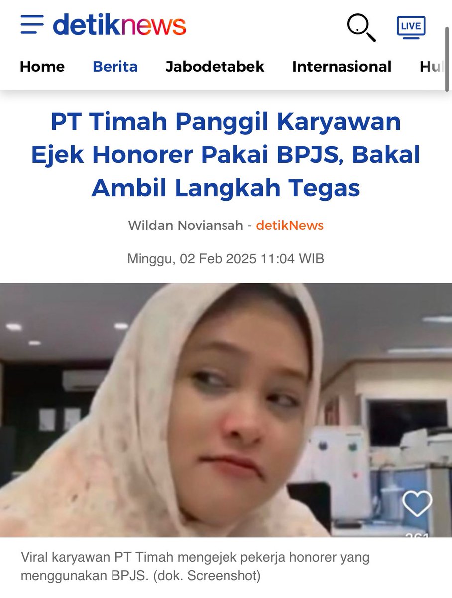 “PT Timah Panggil Karyawan Ejek Honorer Pakai BPJS, Bakal Ambil Langkah Tegas"

&gt;Sangat disesalkan caranya tapi tak bisa juga disalahkan sepenuhya.

&gt;”Candaan” itu adalah potret asli realitas yg terjadi di masyarakat, kebetulan apes aja dia krn kelakuannya
news.detik.com/berita/d-77593…