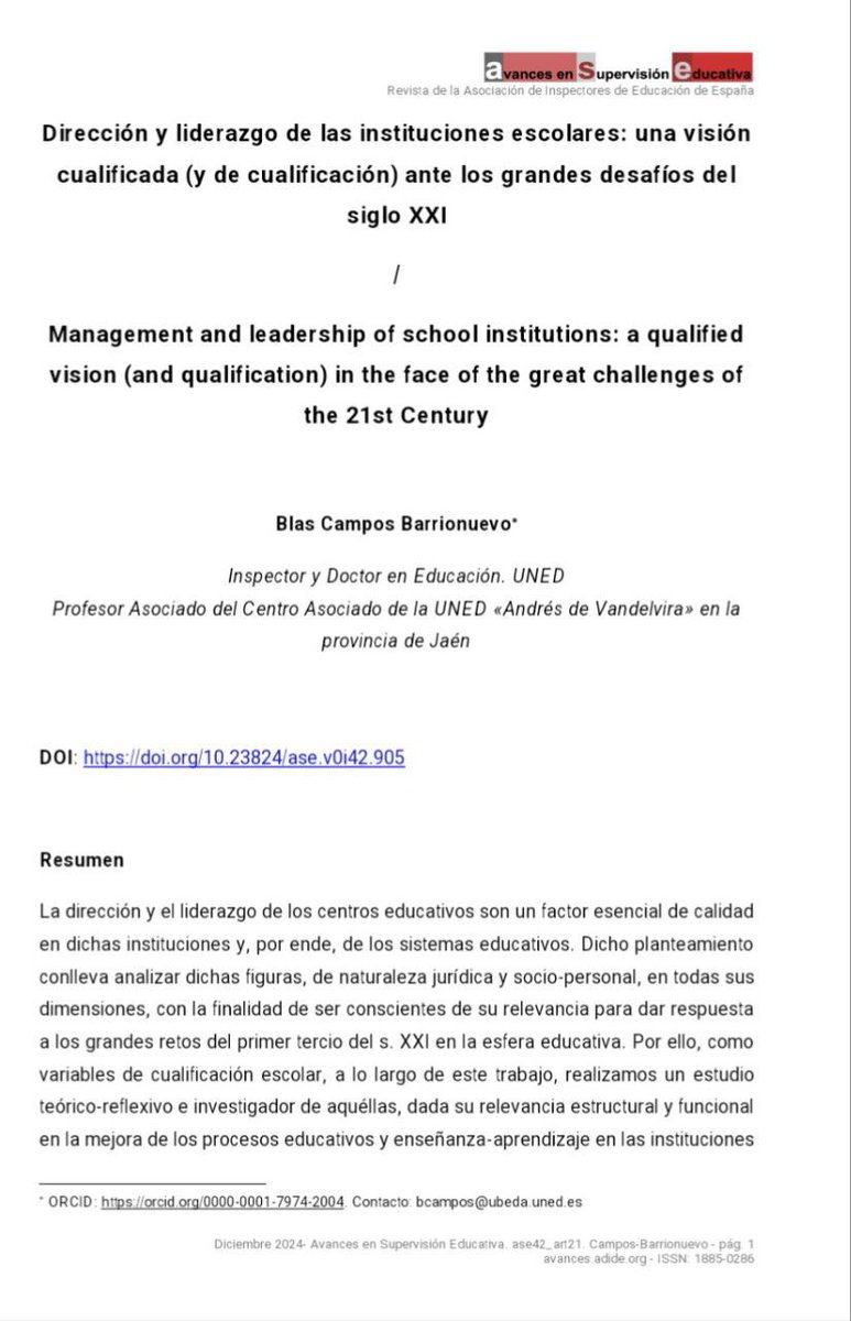Dirección y liderazgo de las instituciones escolares: una visión cualificada (y de cualificación) ante los grandes desafíos del siglo XXI

Por Blas Campos Barrionuevo, para Avances en Supervisión Educativa.

avances.adide.org/index.php/ase/…