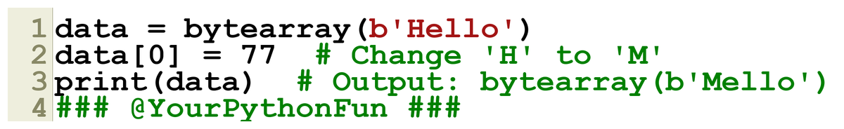 YourPythonFun's tweet image. Here\'s a bytearray example: Modify byte data directly. 📜
E.g., change 'H' to 'M' in a byte sequence.
#PythonTip #Bytearray