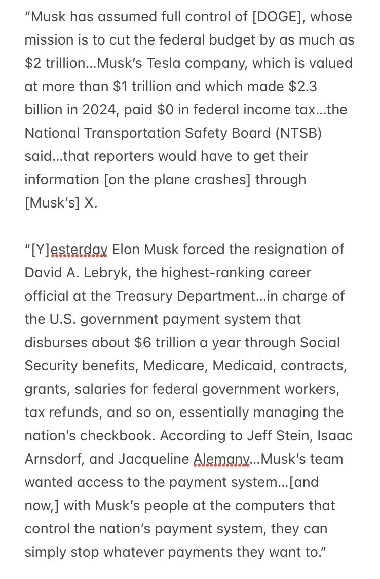 rowemag's tweet photo. Musk’s DOGE has gained full access to US Treasury system. “SocSec &amp;Medicare benefits, grants, pyts to gvt contractors…” “Anyone who gets a check from soc sec…he can cut it off or see all y[ou]r personal &amp;financial data.”

https://t.co/8kXRXSPWKl https://t.co/02Rpnv9rka