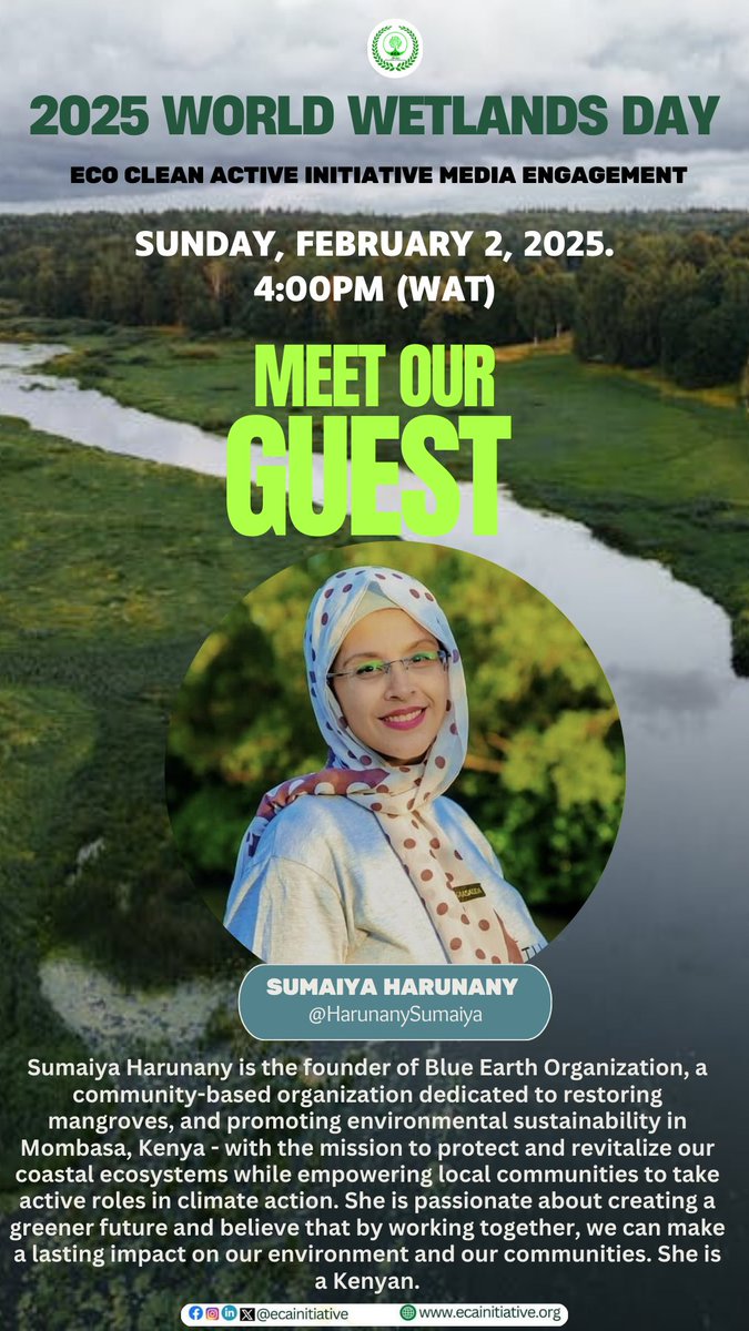 ECAInitiative's tweet image. ```WORLD WETLANDS DAY - WWD 2025```

Meet Our Guests

The time remains 🕓4:00pm🕓 (WAT).

Join us via this link:👇🏽👇🏽👇🏽
x.com/i/spaces/1MYxN…

#EcoClean
#World_Wetlands_Day
#WWD2025
#Protect_Floral
#Preserve_Fauna
#ECAInitiative