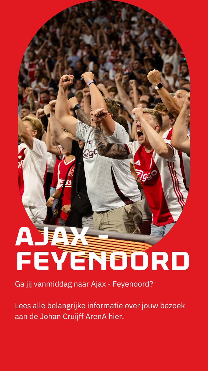 Ga jij vanmiddag naar Ajax - Feyenoord? Lees hier alle belangrijke informatie over jouw bezoek aan de ArenA: johancruijffarena.nl/kalender/32389…
