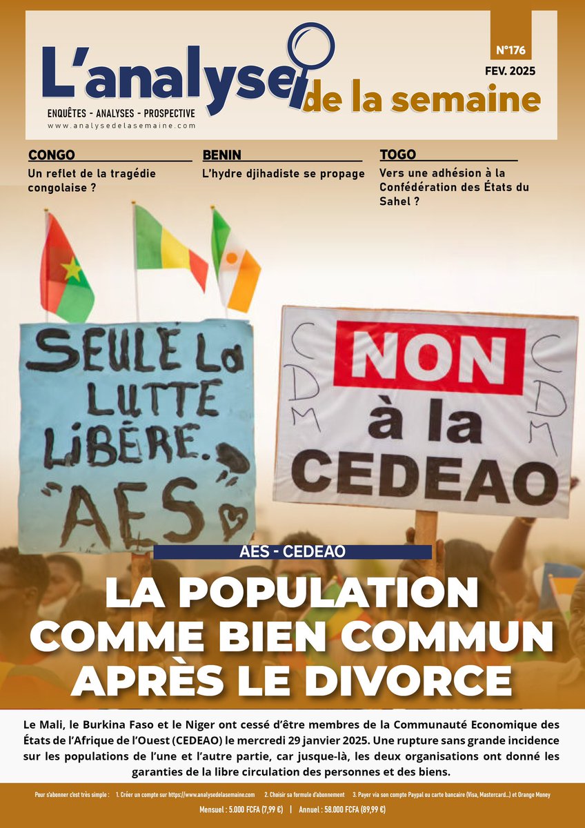 Ads N• 176 du 02.02.2025
AES – CEDEAO : Le Mali, le Burkina Faso et le Niger ont cessé d’être membres de la <a href="/ecowas_cedeao/">Ecowas - Cedeao</a> le 29 janvier 2025. Quelles perspectives maintenant ?

Numéro à télécharger sur t.me/+pQn76Z___INlN…, à lire sur analysedelasemaine.com
Numéro gratuit.