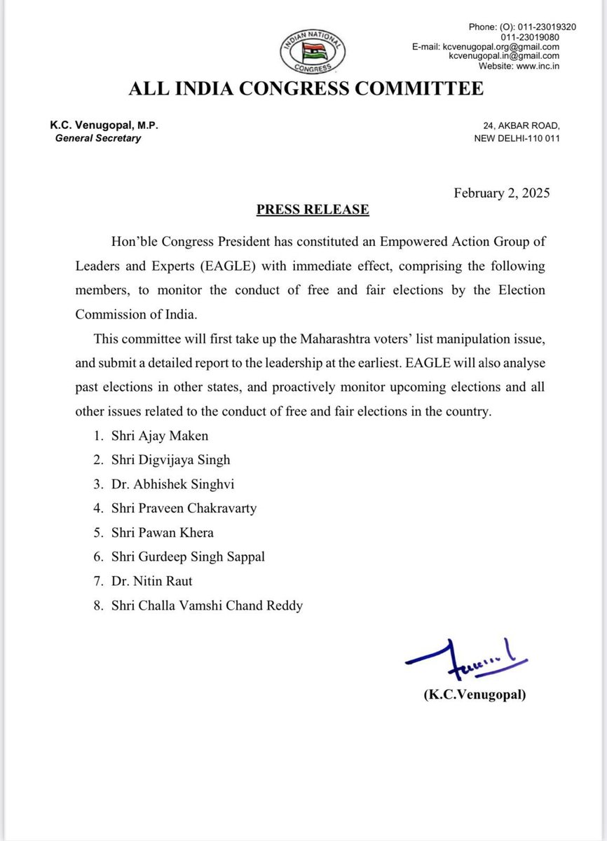 ANI's tweet image. Congress President Mallikarjun Kharge has constituted an Empowered Action Group of Leaders and Experts (EAGLE) with immediate effect, comprising Ajay Maken, Digvijaya Singh, Abhishek Singhvi, Praveen Chakravarty, Pawan Khera, Gurdeep Singh Sappal, Nitin Raut, Challa Vamshi Chand…
