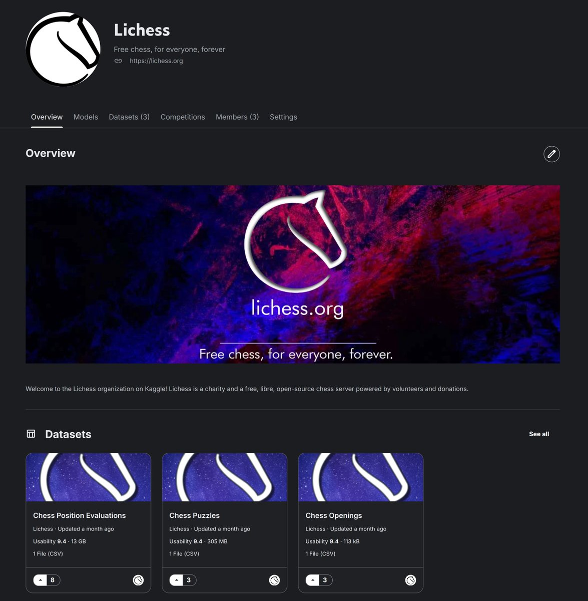 lichess.org (@lichess) on Twitter photo Lichess is now on <a href="/kaggle/">Kaggle</a>!
Use our puzzles, openings, and engine evaluation datasets directly in your kaggle notebooks: kaggle.com/organizations/… ♟️ Lichess is now on <a href="/kaggle/">Kaggle</a>!
Use our puzzles, openings, and engine evaluation datasets directly in your kaggle notebooks: kaggle.com/organizations/… ♟️