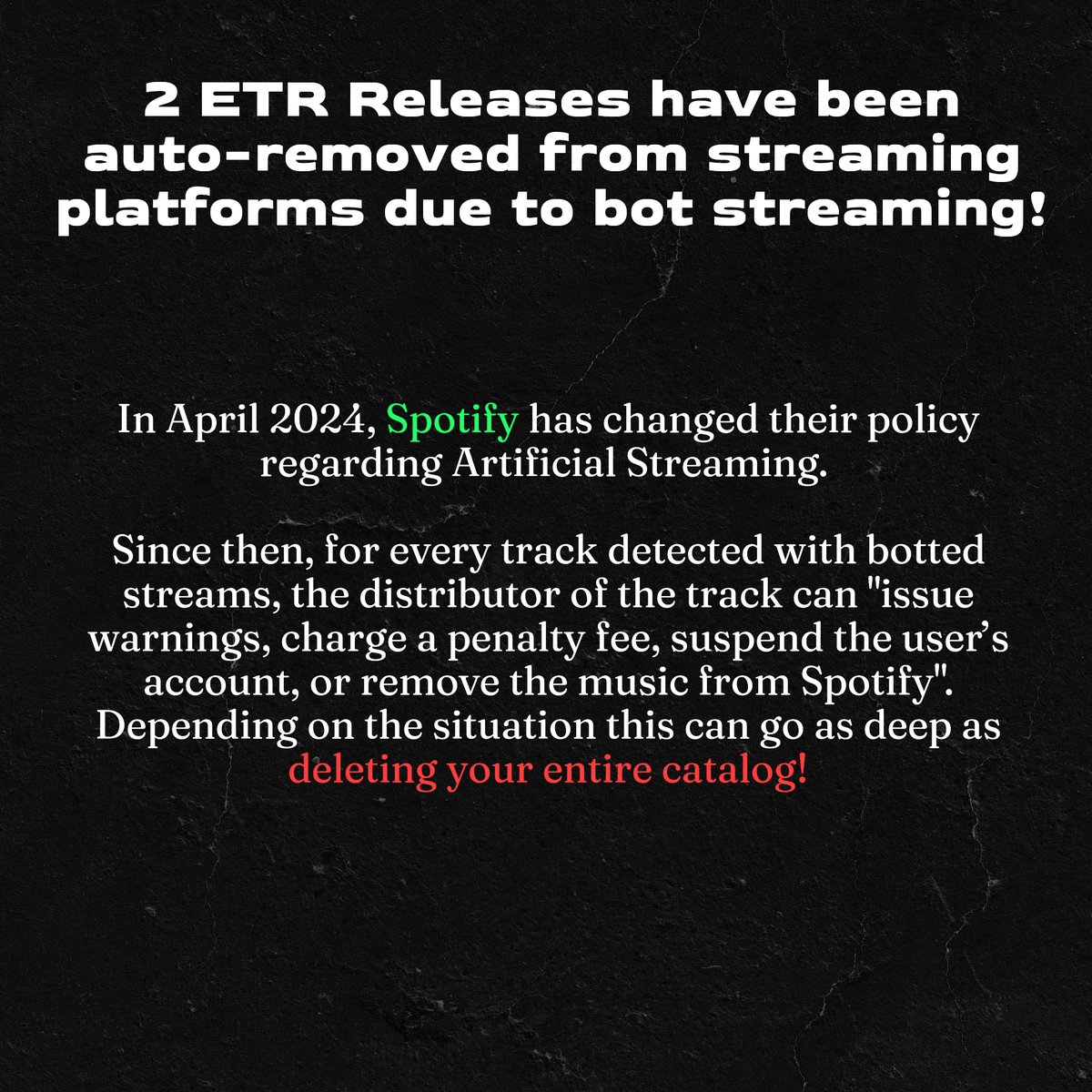 etr_records's tweet photo. ‼️2 ETR Releases have been auto-removed from streaming platforms due to bot streaming! (A thread) https://t.co/Oyd3JUzBGH