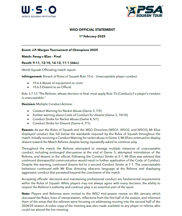 WSO has released the following statement regarding the Men's final of the 2025 J.P. Morgan Tournament of Champions