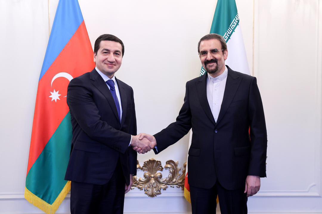 HikmetHajiyev's tweet photo. Within the visit to Tehran had fruitful discussions with Dr.Mehdi Sanaei 
Political Advisor to the President of IR of Iran and Foreign Minister Mr. Abbas Araghchi. Views were exchanged on further advancement of friendly Azerbaijan-Iran bilateral ties based on the principles of peaceful-political co-existence, non-interference into internal affairs and good neighborly relations, cooperation within 3+3 regional format, as well as NAM, OIC, ECO, CICA and other international organizations. We agreed to continue mutual confidence building measures. Aghband-Nakhchivan and North-South Transport Corridors were underlined as important regional and trans-regional connectivity projects serving the mutual interests of two countries.