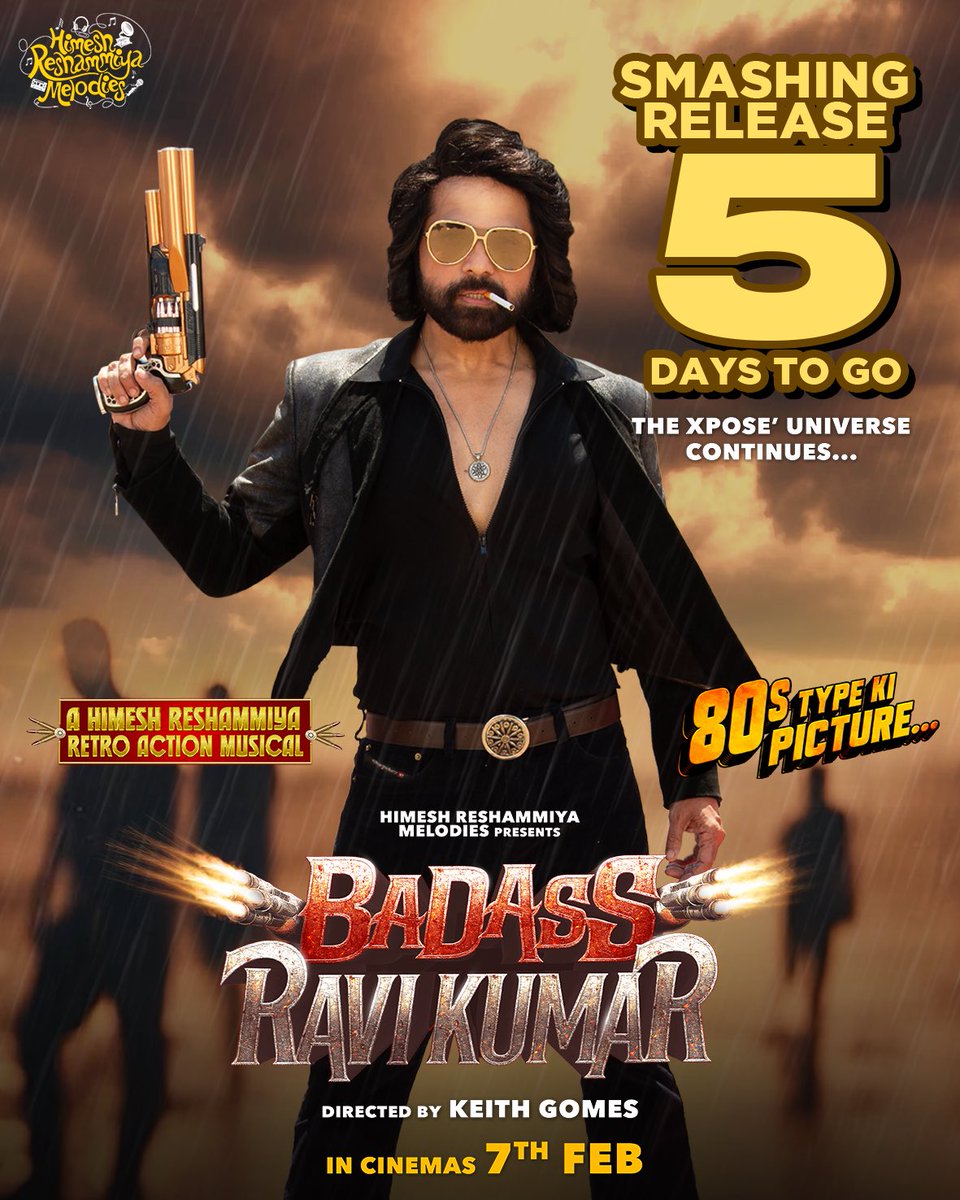HimeshMelodies's tweet photo. IT'S TIME TO GET BADASS! Ravi Kumar smashing into cinemas in 5 DAYS!

#BadassRaviKumar #5DaysToGo #HimeshReshammiya #HimeshReshammiyaMelodies #InCinemas7thFeb 

[ Himesh Reshammiya, Badass Ravi Kumar ] https://t.co/d6196DAIob
