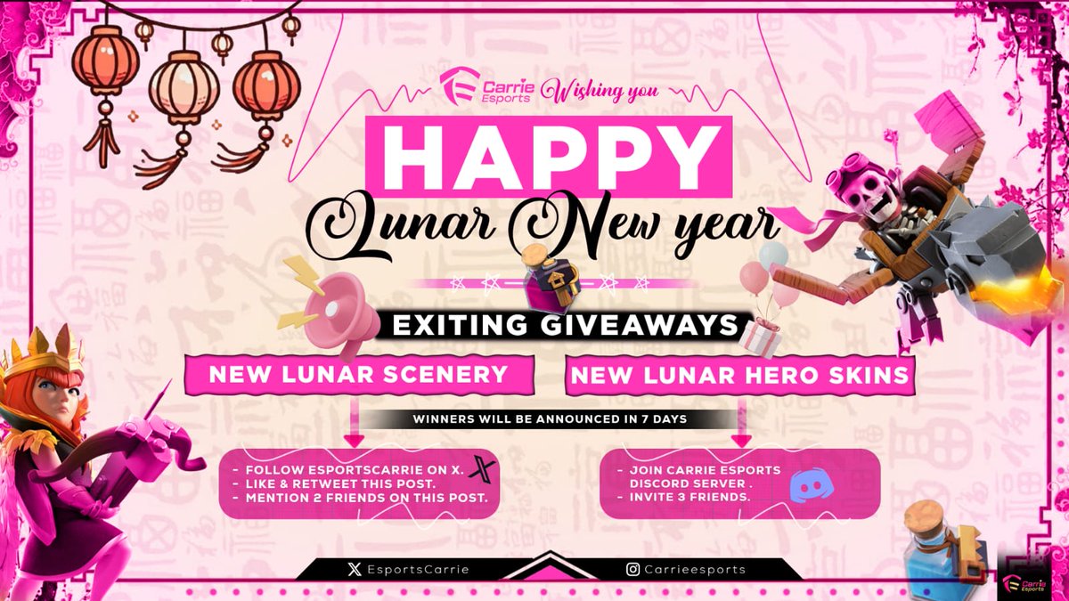 Carrie eSports (@esportscarrie) on Twitter photo 🎉✨ Celebrate the Lunar New Year with Carrie Esports! 🎊
🌕 Exciting Giveaways: 🌸 New Lunar Scenery 🌸 New Lunar Hero Skins
🎁 How to enter:
1️⃣ Follow <a href="/EsportsCarrie/">Carrie eSports</a> on X.
2️⃣ Like & Retweet this post.
3️⃣ Mention 2 friends.
Join our Discord server to participate there
(1/2) 🎉✨ Celebrate the Lunar New Year with Carrie Esports! 🎊
🌕 Exciting Giveaways: 🌸 New Lunar Scenery 🌸 New Lunar Hero Skins
🎁 How to enter:
1️⃣ Follow <a href="/EsportsCarrie/">Carrie eSports</a> on X.
2️⃣ Like & Retweet this post.
3️⃣ Mention 2 friends.
Join our Discord server to participate there
(1/2)