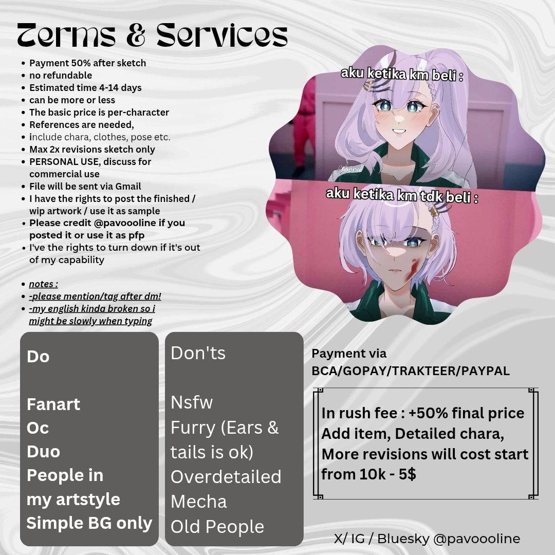 [🔄&amp;❣️ are deeply appreciated!]
Hi im open for commission local 🇲🇨 &amp; international (3 slot only)

Baca seksama yaa makasih! (ʘᴗʘ✿)
Pls kindly read everything below!

Pls mention after dm or do chat me in discord if necessary (link in bio) 
#Zonajajan #opencommission