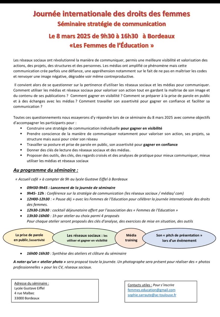 [#SAVE THE DATE le 8 mars 2025 à Bordeaux à l’occasion de la journée internationale des droits des Femmes]

✅Les Femmes de l'Éducation ont le plaisir de vous convier à un évènement exceptionnel  le 8 mars 2025 de 9h30 à 16h30  à Bordeaux
➡️séminaire sur la "Stratégie de com »
