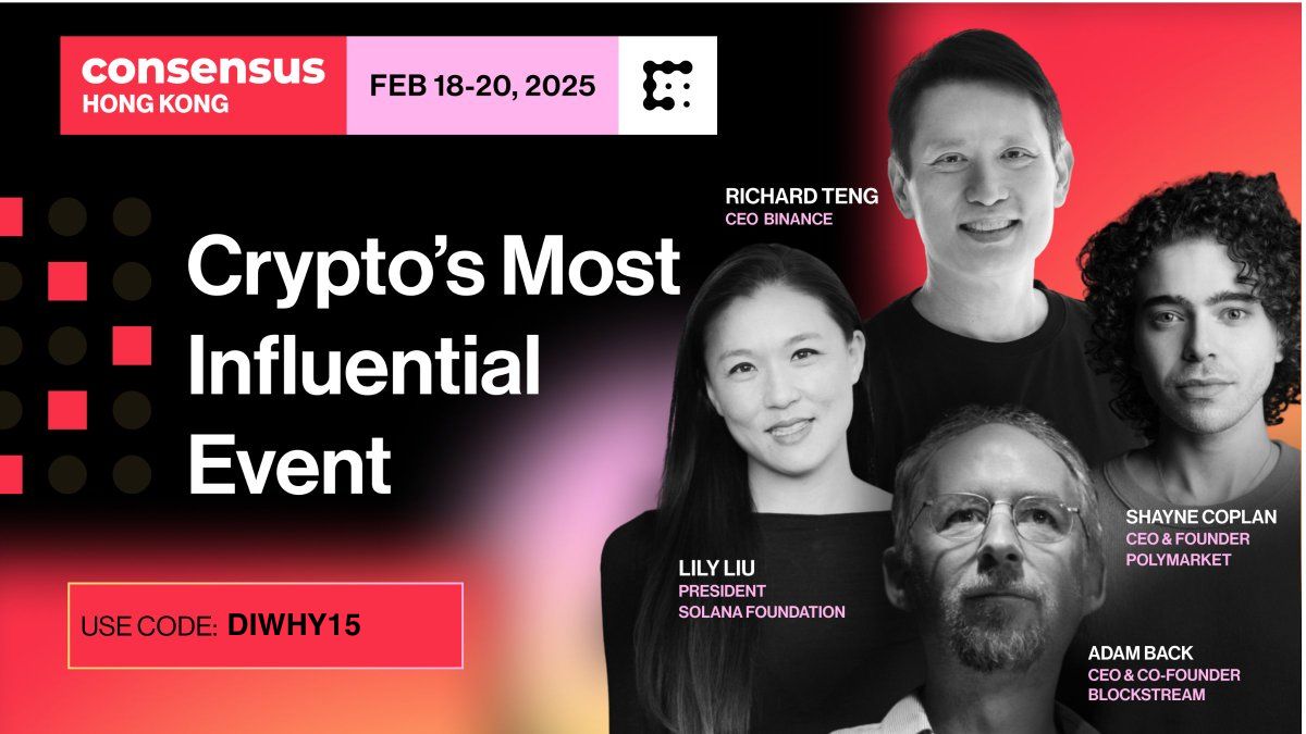 iris00x's tweet photo. ✨ 新年新氣象，抽獎 Consensus 大會門票，幫你開個好年！ ✨

Consensus 2025 大會 @consensus_hk  即將於 香港灣仔會展中心 盛大舉行（2 月 18 日至 20 日）！作為香港最受歡迎的 YouTube 頻道之一，DIWHYWEB3 Channel 當然要來派福利！這次我們將送出一張價值 $799 美金 的 Pro Pass 門票！🎟️

Consensus 大會已經有10年歷史，而背後的公司ConsenSys更是以太坊生態系統中最具影響力和實力的公司之一，我們快來看看還有什麼亮點值得我們參加啦！

🌟 亮點搶先看：

Consensus 大會的活動標語是「Consensus 是你成交合作的第一站」，看來ConsenSys是認真的匯聚了全球頂級投資機構，幫助頭部 VC 促成交易、實現合作！

1️⃣B2B 頂級規格：專為行業專業人士打造，幫助投資機構、VC、創業者等促成合作！
Web3 與 Web2 領袖齊聚：與 Apple、Microsoft、Goldman Sachs、BlackRock、Nvidia 等巨頭同場交流

2️⃣超豪華講者陣容
特邀頂級項目創始人與機構高管，包括：
Babylon、Backpack、OKX、Berachain、Monad Labs、Aptos Labs、Memeland、TRON、Animoca Brands 等

3️⃣前沿熱門話題
生態熱點：Solana、Sui 等
監管趨勢：邀請 SFC（香港證監會）及迪拜 VARA 的 CEO 分享洞見
PayFi 賽道：Web3 與 TradFi（傳統金融）的融合機遇

4️⃣優惠加碼
使用我們的專屬優惠碼 「DIWHY15」 報名，即可享受 85 折優惠！

🎁 抽獎參與方式：
1️⃣ 關注我們 👉 @iris00x 和 @DesmondCrypto
2️⃣ 轉發這條推文，並 @ 三位朋友
🏆 活動截止： 2025 年 2 月 10 日
✨ 得獎者公佈： 2025 年 2 月 11 日

新年想開拓新視野的你就千萬不能放過這個機會啦！🥳