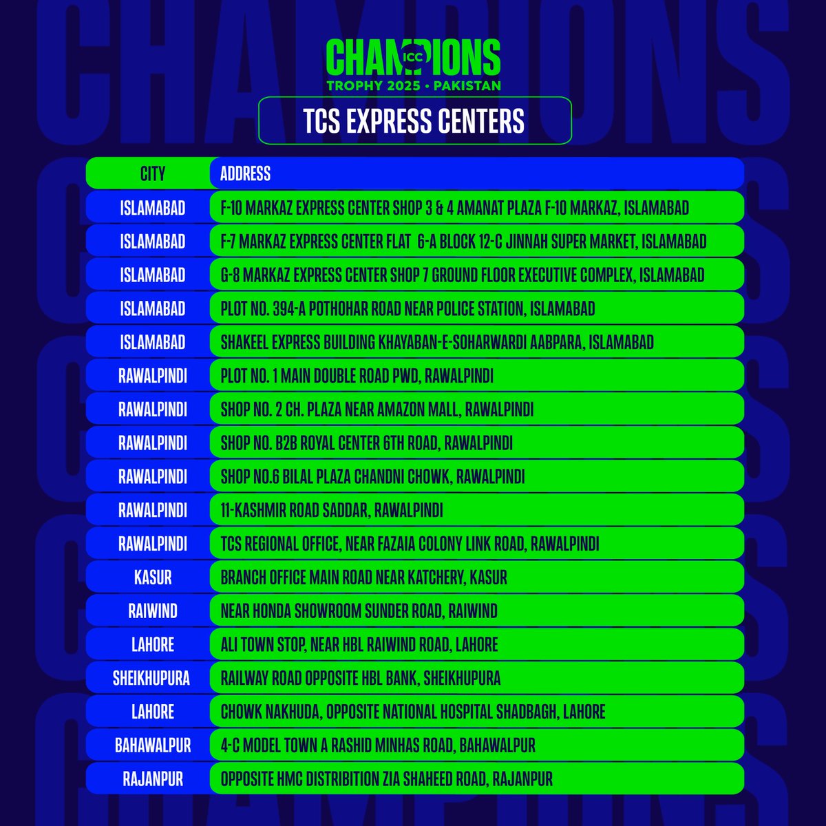 📢 Physical tickets for the <a href="/ICC/">ICC</a> #ChampionsTrophy 2025 to go on sale from Monday, 3 February at 4:00 pm PKT ⏰

🎟️ List of TCS express centres in 26 cities across Pakistan 🗓️

More details ➡️ pcb.com.pk/press-release-…