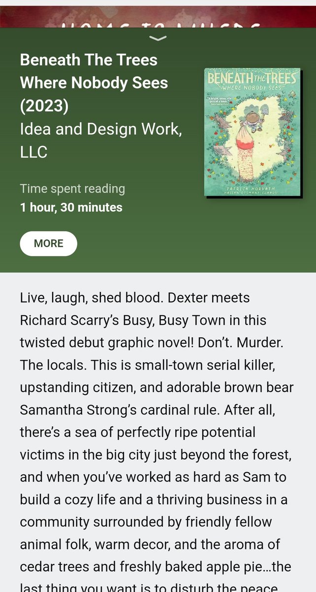 Beneath the Trees Where Nobody Sees - Patrick Horvath
Baru selesai baca di <a href="/LibbyApp/">Libby, by OverDrive</a> &amp; memang menarik 🐻🔪🩸🪚🐭

Makasih rekomendasinya!