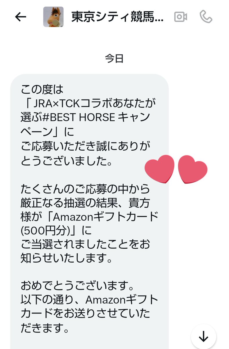 sour_grapes_KT's tweet photo. 東京シティ競馬(TCK)
@tck_keiba さん

「JRA×TCKコラボあなたが選ぶ #BESTHORSE キャンペーン」で当選した Amazonギフトカード500円分ありがとうございました😆💕✨

#当選報告 https://t.co/fSGoOVgn3R