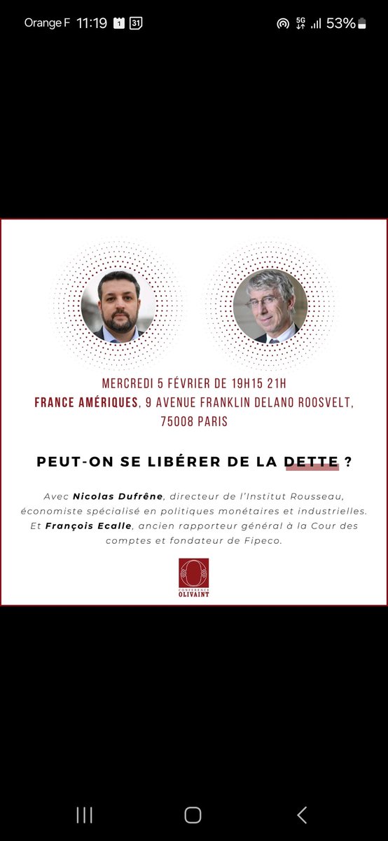 Mercredi prochain nous allons pouvoir débattre sérieusement de la dette avec <a href="/ecallefipeco/">fipeco</a> pour <a href="/Olivaint1874/">Conférence Olivaint</a> . Ouvert au public et aux échanges !