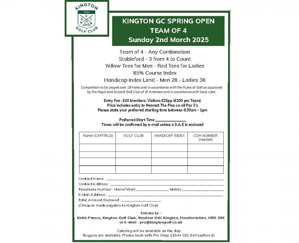 One month away!

Get your entries in for what promises to be an excellent day of golf.

For more information, contact our pro shop.

#golfopensuk #kingtonopen #golfherefordshire