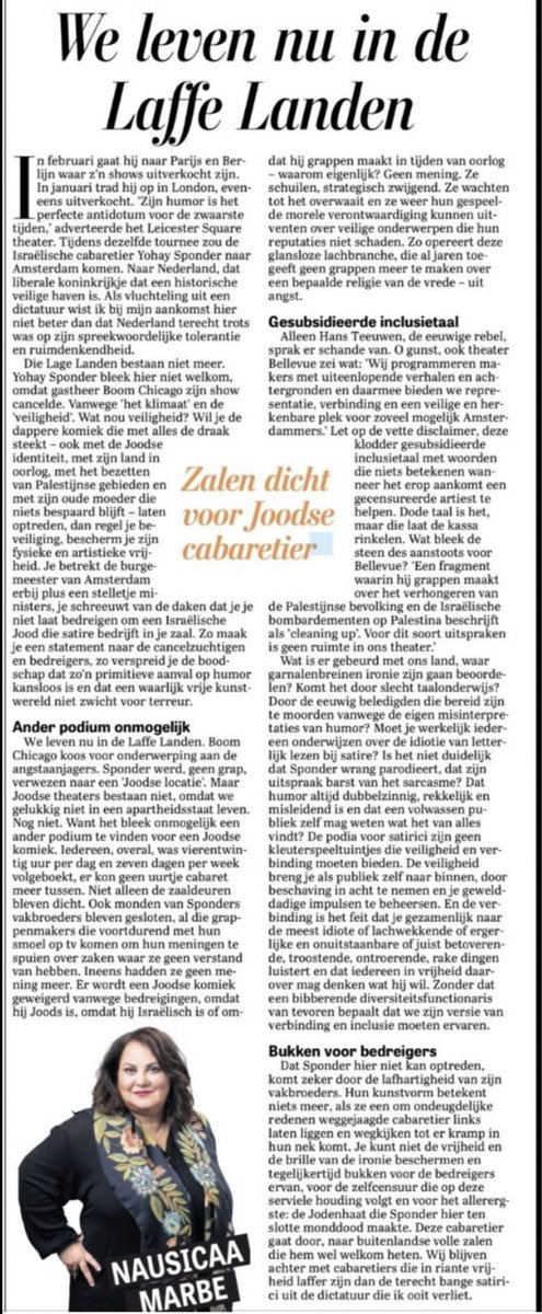 Mijn column van deze zaterdag: Dat Sponder hier niet kan optreden komt zeker door lafheid van theaters en vakbroeders. Hun vak betekent nu niets meer. Je kunt niet de vrijheid en brille van satire beschermen én tegelijk bukken voor haar bedreigers en kiezen voor (zelf)censuur.