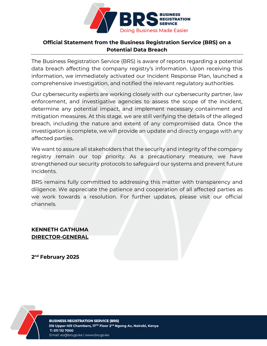 𝗢𝗳𝗳𝗶𝗰𝗶𝗮𝗹 𝗦𝘁𝗮𝘁𝗲𝗺𝗲𝗻𝘁 𝗼𝗻 𝗮 𝗣𝗼𝘁𝗲𝗻𝘁𝗶𝗮𝗹 𝗗𝗮𝘁𝗮 𝗕𝗿𝗲𝗮𝗰𝗵 - 𝗙𝗲𝗯𝗿𝘂𝗮𝗿𝘆 𝟮, 𝟮𝟬𝟮𝟱