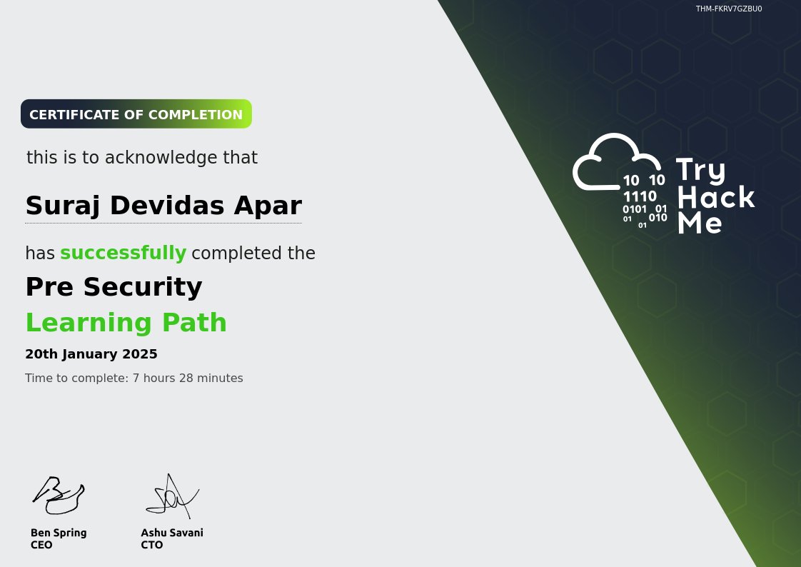 suraj_aparpatil's tweet image. I’ve successfully completed the &quot;Pre Security&quot; Learning Path on TryHackMe, marking a significant step in my cybersecurity journey.
📜 …rtificates.s3-eu-west-1.amazonaws.com/THM-FKRV7GZBU0…
#CyberSecurity #TryHackMe #PreSecurity #LearningJourney #CyberSecSkills #Networking #PenTesting