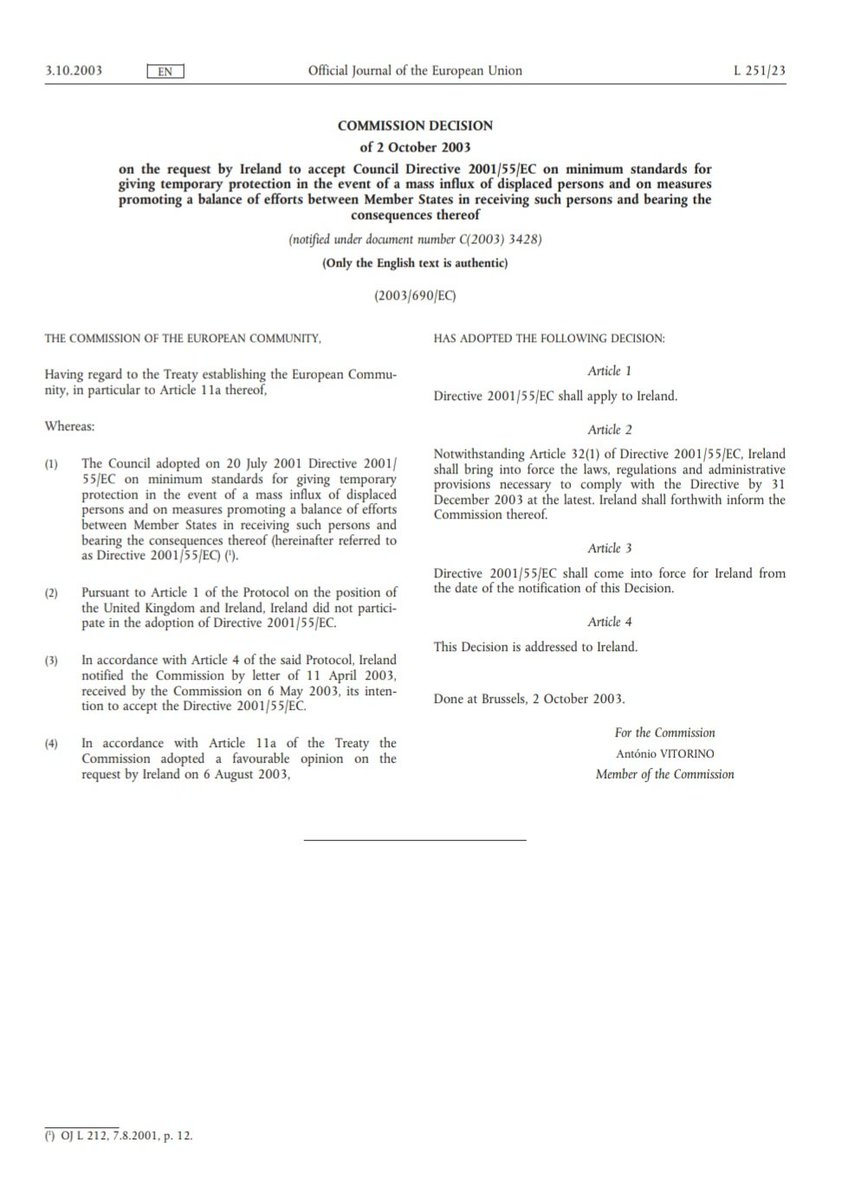 PSIA1851's tweet photo. In 2003, the government unilaterally opted into EU Directive 2001/55/EC, which set migration policy for mass influxes of displaced persons. No referendum was held.

This decision violated Article 6.1 of the Constitution of Ireland, which states that "in final appeal," the people must decide all questions of national policy. By bypassing the people and making this decision at the executive level, the government stripped the people of their constitutional authority over national policy.

This decision also contravened Article 1, which affirms the Irish nation's "inalienable, indefeasible, and sovereign right to choose its own form of government" and to "determine its relations with other nations." Accepting an EU directive without a direct mandate from the people disregards this principle of national sovereignty.

In a democratic republic, major changes to national migration policy should be subject to a referendum, not decided behind closed doors.
#Ireland #Constitution #Sovereignty #Migration