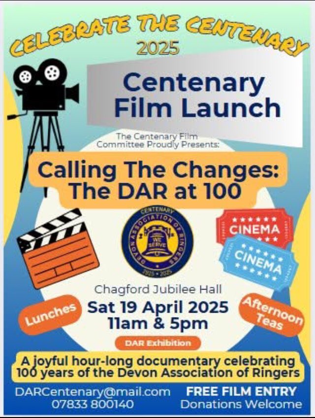 DevonBells's tweet image. Join us for an activity-packed day!
😁
- 11am first screening of Calling the Changes: the DAR at 100
- 12pm lunch
- 12pm mini DAR exhibition opens
- 2pm Simultaneous competitions - Chagford, Throwleigh, Gidleigh
- 4pm afternoon teas
- 5pm second film screening
- 6pm prize giving